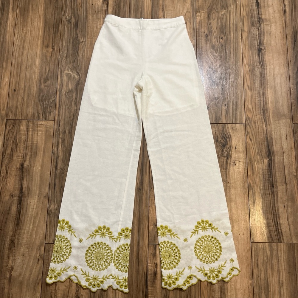 MNG Linen Blend Embroidered Scallop-Trimmed Wide Leg High Rise Culotte Trouser - Picture 11 of 16